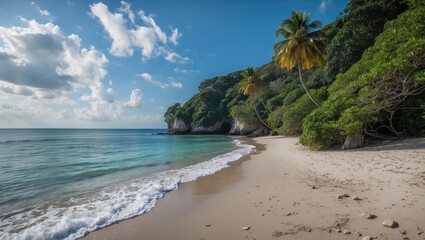 Obraz premium Tropical beach landscape with palm trees and lush foliage under a blue sky with clouds and gentle ocean waves Copy Space