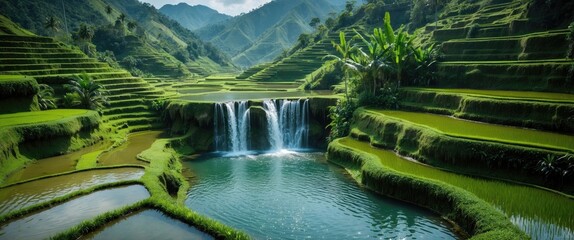 Lush green terraced rice fields with flowing waterfalls and a tranquil lake surrounded by mountains and vegetation Copy Space