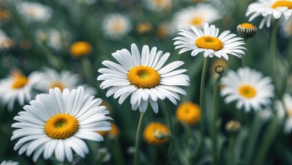 Fototapeta premium Close-up of white daisies with yellow centers in a green field with selective focus and depth of field Copy Space