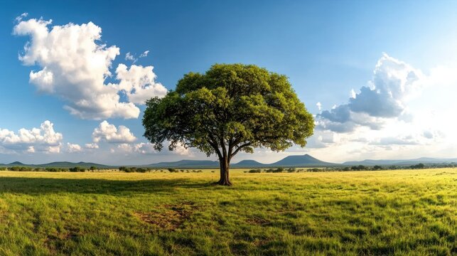 Lone tree in vast grassy plain under a vibrant sky