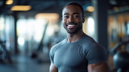 Fototapeta premium A smiling man in a vibrant workout outfit stands confidently in a brightly lit gym, surrounded by modern fitness equipment
