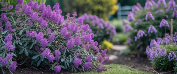 Obraz premium Vibrant purple flowering shrubs in a landscaped garden with blurred background and ample Copy Space for text placement