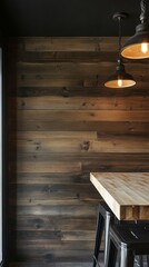 Rustic modern kitchen with raw wood finishes, industrial light fixtures, and cozy touches, focusing on an empty wooden wall