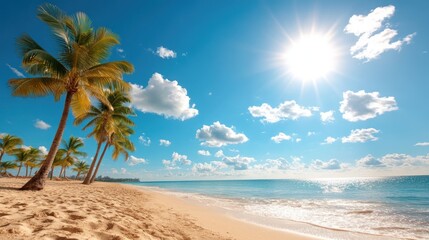 Obraz premium Tropical beach scene with palm trees and bright sun