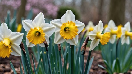 Fototapeta premium Cluster of blooming daffodils with yellow and white petals in a garden setting with blurred background and copy space for text