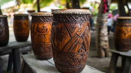 Intricately Carved Wooden Drums in Tropical Setting