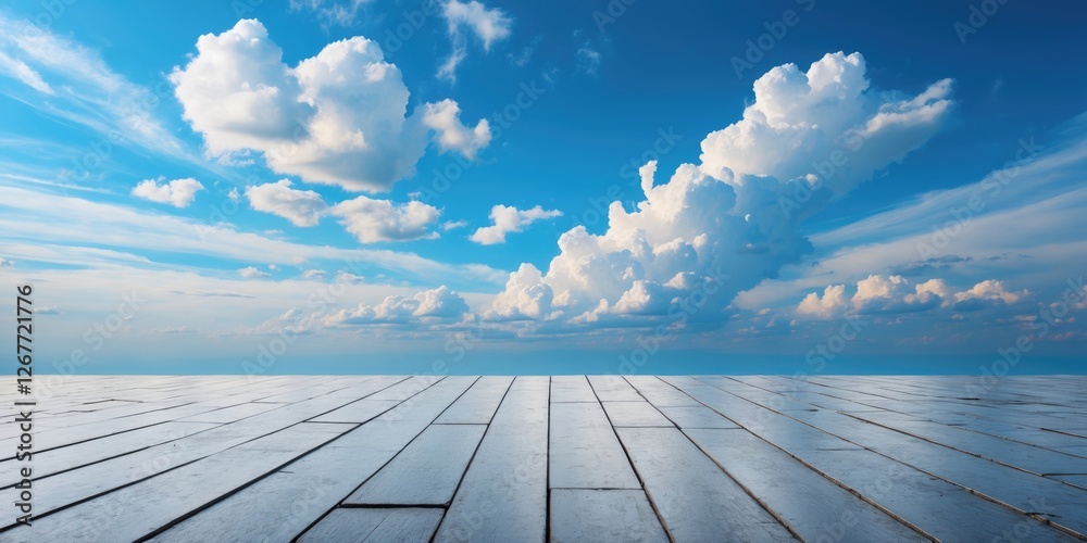 Wall mural blue sky with white clouds above a wooden floor surface with perspective view and copy space for tex