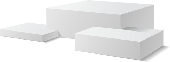 Three white parallelepipeds of varying sizes forming a modern pedestal for showcasing products, casting realistic shadows against a clean white background