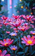 Fototapeta premium A stunning close-up of vibrant, glowing flowers in full bloom, illuminated with soft golden light. 