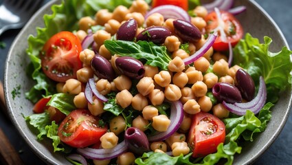 Chickpea salad with cherry tomatoes, black olives, red onion, and mixed greens served in a bowl with fresh herbs Copy Space