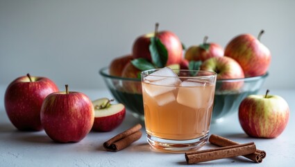 Glass of apple cider with ice cubes beside fresh red apples and cinnamon sticks on a light surface with a bowl of apples in the background Copy Space