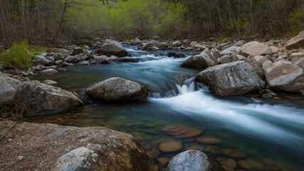Flowing river with smooth water over rocks and pebbles in a forested area during spring season Green trees in background Copy Space