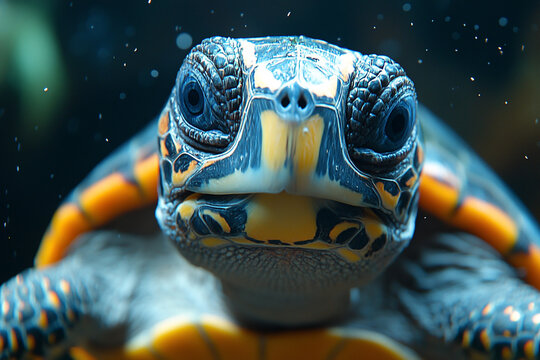 Intimate portrait of a turtle with vibrant shell patterns and curious eyes