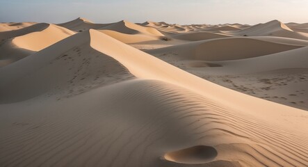Desert sand dunes under soft sunlight with gentle slopes and patterns in the sand Copy Space