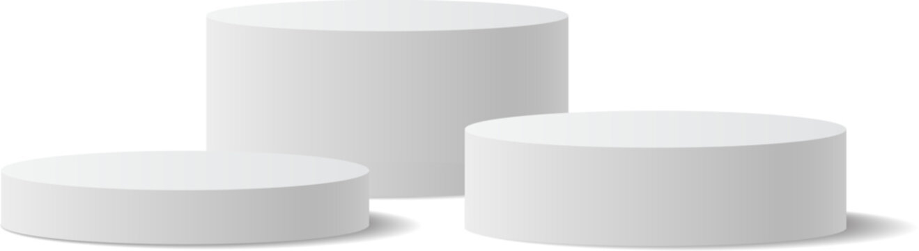 Featuring three white round podiums of varying sizes, creating a striking pedestal for winners against a clean white background, symbolizing success and achievement in competition