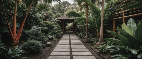 Fototapeta premium Tropical garden path with stone tiles surrounded by lush green foliage and palm trees leading to a wooden structure Copy Space