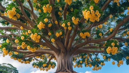 Large blooming tree with vibrant yellow flowers and thick branching foliage against a clear blue sky Copy Space