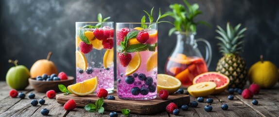 Fototapeta premium Colorful fruit-infused drinks in glasses with mint, raspberries, and citrus on wooden table with assorted fruits in background Copy Space