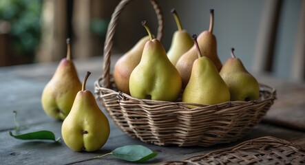 Basket of ripe pears arranged on a wooden table with green leaves nearby and natural light illuminating the scene Copy Space