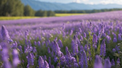 Fototapeta premium Lavender flowers in a vibrant purple field with mountains in the background during sunny weather Copy Space