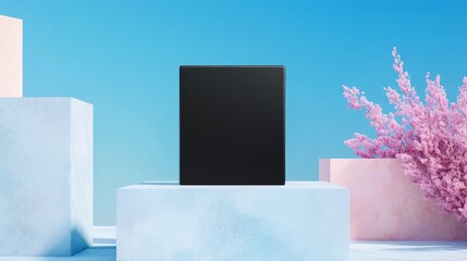 Black Square Product Display Stand Mockup - Minimalist product display showcasing a black square on light blue and pink geometric platforms, symbolizing elegance, simplicity, modernity, clean design
