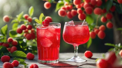Fresh raspberry cocktails served on a rustic wooden table surrounded by ripe raspberries and green foliage with Copy Space
