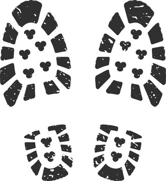 Four worn bootprints creating a grunge trail on a white background, representing a journey filled with exploration and adventure, leaving a distinct mark on the path behind