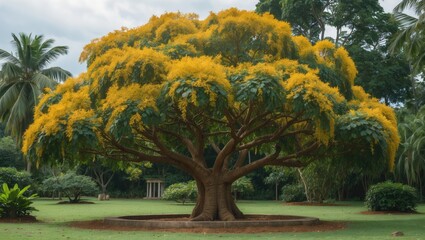Golden shower tree in full bloom showcasing vibrant yellow flowers amid lush green foliage in a tranquil garden setting.