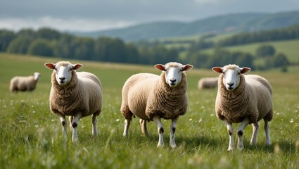 Fototapeta premium Three sheep standing on a green meadow with rolling hills in the background under a cloudy sky Copy Space