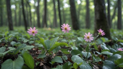 Fototapeta premium Wildflowers in a forest setting with lush greenery and soft natural light, focus on pink blossoms and leaves, Copy Space