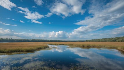 Fototapeta premium Scenic landscape of tranquil wetlands with reflective water, lush green grass, and dramatic blue sky with clouds, Copy Space