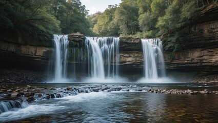 Fototapeta premium Waterfall surrounded by lush greenery cascading over rocky cliffs in a serene natural landscape with clear water and smooth stones Copy Space