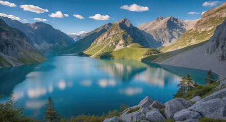 Mountain landscape with lake reflections under blue sky and clouds in summer Copy Space