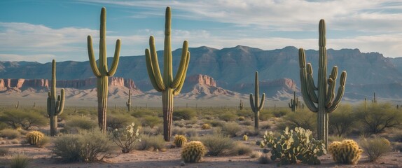 Desert landscape with tall saguaro cacti in foreground and mountain range under cloudy sky Copy Space