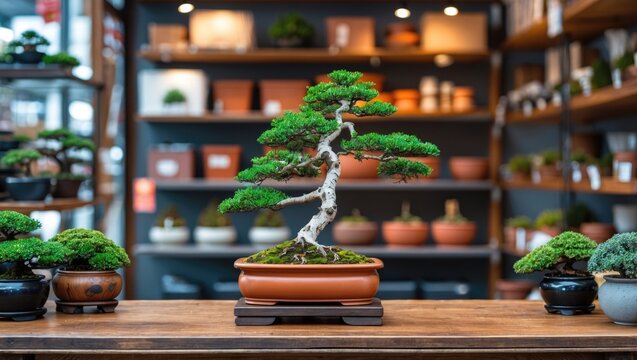 Bonsai tree in a wooden pot displayed on a table with various other bonsais in a plant shop interior with copy space.