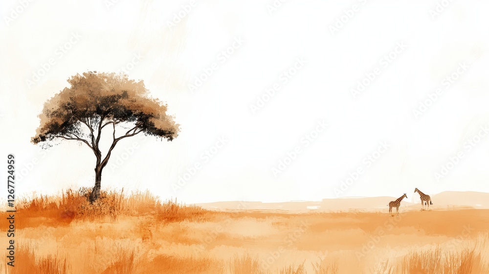 Aufkleber giraffes grazing near a solitary tree in a golden grassland under a bright sky during the afternoon.