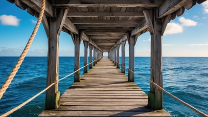 Fototapeta premium Wooden pier extending over calm blue ocean under clear sky with fluffy clouds Copy Space