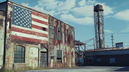 Obraz premium Faded Glory American Flag on Distressed Building Industrial Scene