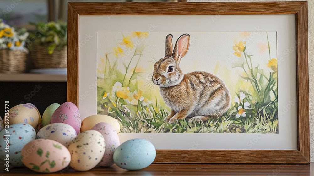 Wall mural Delightful Easter Sunday display with a charming rabbit illustration and colorful decorated eggs on a sunny day