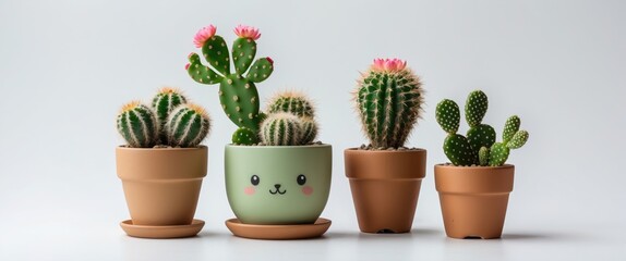 Cute cactus arrangement in pots on light background with copy space for text