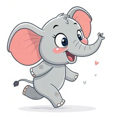Fototapeta premium Happy baby elephant running, white background, hearts, children's illustration