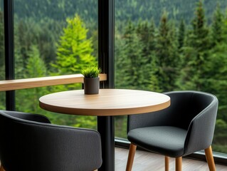 Fototapeta premium Mountain lodgestyle twostory cafe with panoramic forest views, wooden textures, and warm cozy seating