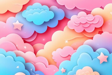 Colorful Clouds, stars floating through a serene, dreamy pastel-toned atmosphere
