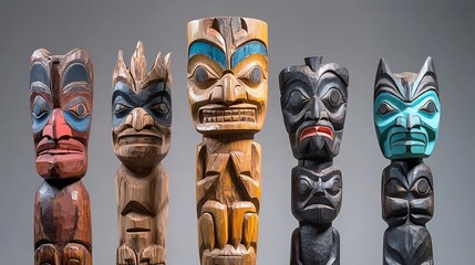 Northwest Coast Native American Totem Poles: A Collection of Carved Wooden Figures