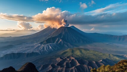 Active volcano erupting with clouds of ash and smoke against a mountainous landscape under a clear blue sky Copy Space