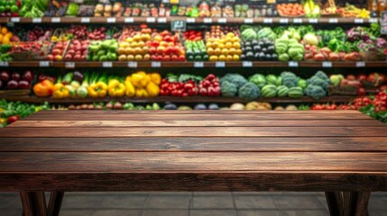 Empty wooden table in front of blurred supermarket produce section with fresh fruits and veggies