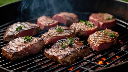 Grilled steaks with herbs on barbecue grill with smoke and glowing coals Copy Space