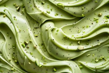 Pistachio frosting texture close up with pistachio nuts.
