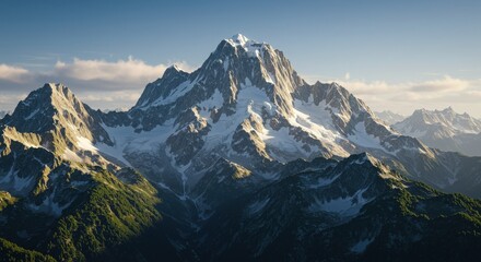 Snow-capped peaks pierce the sky at sunrise in the alpine landscape of Mount Cook National Park