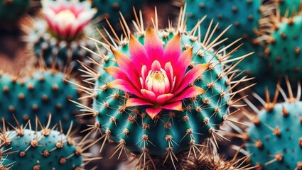 Vibrant pink cactus flower blooming amidst green spiky succulent plants natural botanical background with copy space